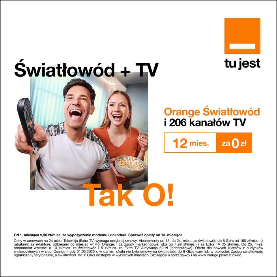 Orange Światłowód i 206 kanałów TV 12mies. za 0zł.